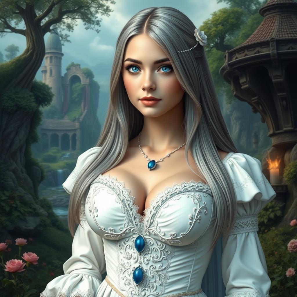 A busty, shy, delicate European girl characterized by her large, beautiful natural breasts and long straight ash grey hair that cascades gracefully over her shoulders