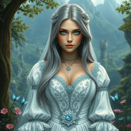 A busty, shy, delicate European girl characterized by her large, beautiful natural breasts and long straight ash grey hair that cascades gracefully over her shoulders