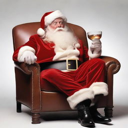 A visibly exhausted Santa Claus lounging in his armchair after a 24-hour shift, his red suit slightly unkempt, cradling a glass of amber-colored whiskey.