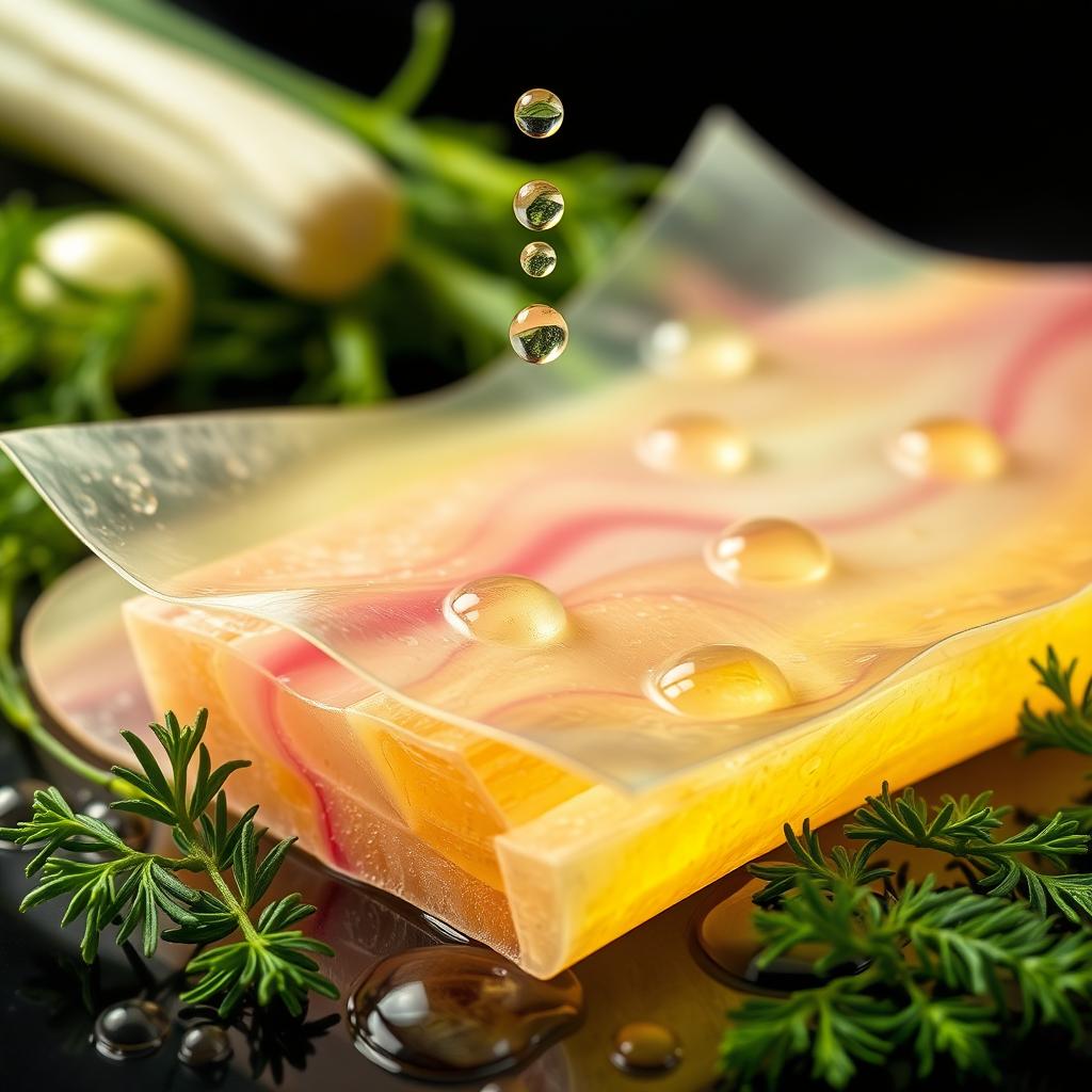 A visually captivating image showcasing a vibrant and colorful edible film made from gum tragacanth and whey protein concentrate, prominently featuring the inclusion of chitosan nanoparticles and fennel essential oil