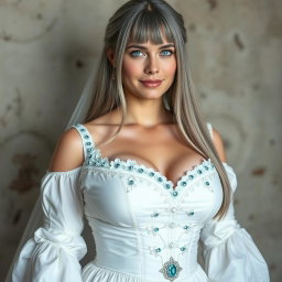 A busty, shy, and delicate European young woman with long straight ash grey hair and very bright turquoise eyes