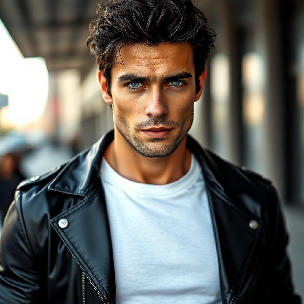 A ruggedly handsome male model with chiseled features and tousled dark hair, standing confidently in a stylish urban setting