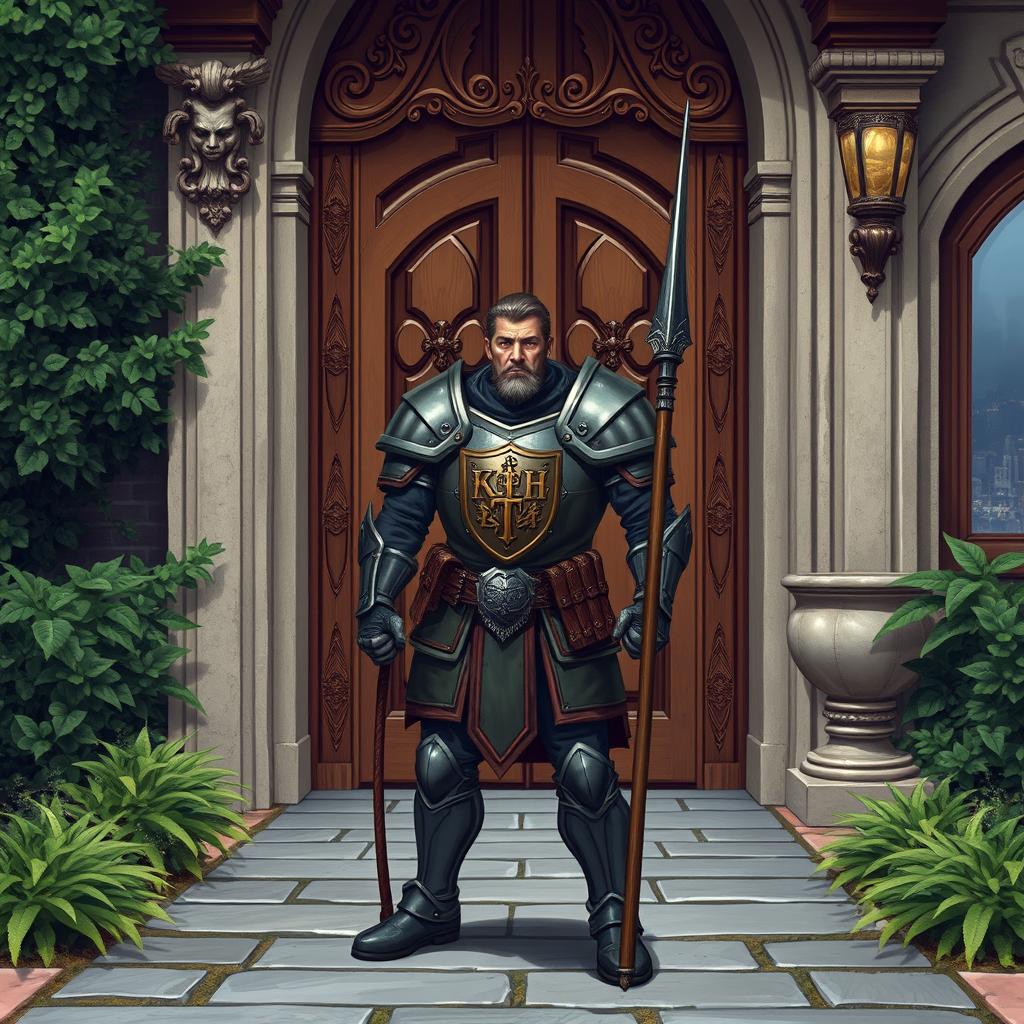 A simple yet strong guard standing watch at the entrance of a lavish mansion in Baldur's Gate, wearing practical armor that signifies his role, including a detailed emblem representing the wealthy family he serves