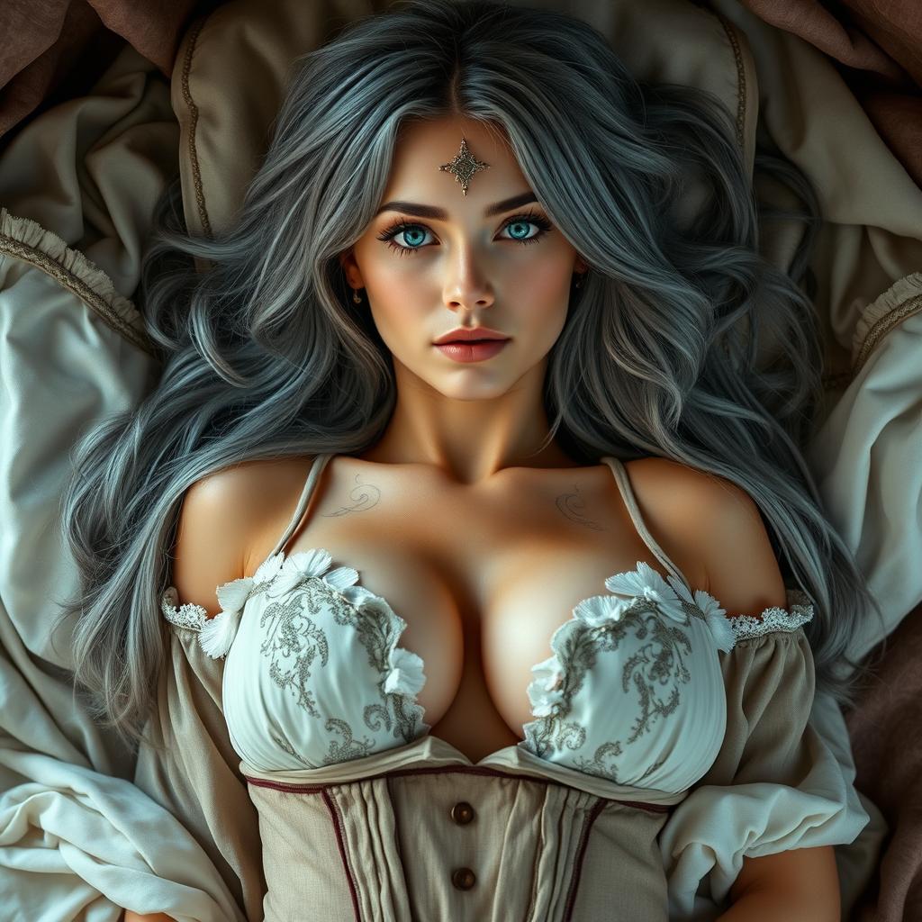 A busty, shy, delicate European girl with large, beautiful breasts, long ash grey hair cascading around her