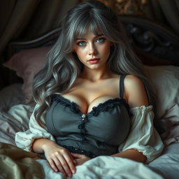 A busty, shy, delicate European girl with large, beautiful breasts, long ash grey hair cascading around her