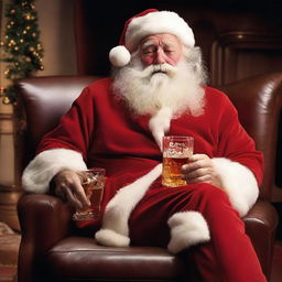 A visibly exhausted Santa Claus lounging in his armchair after a 24-hour shift, his red suit slightly unkempt, cradling a glass of amber-colored whiskey.