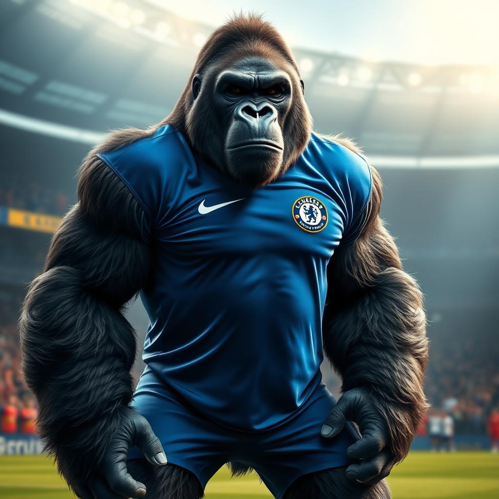 A powerful and majestic gorilla standing tall in a Chelsea football kit, showcasing intricate details of the kit's blue color and emblem