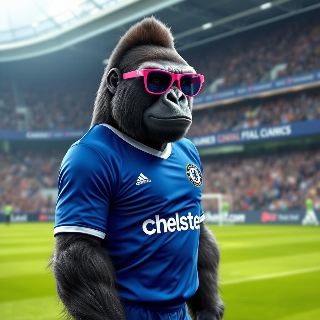 A confident and strong gorilla wearing a Chelsea football kit and stylish pink sunglasses