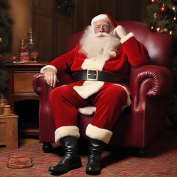 A visibly exhausted Santa Claus lounging in his armchair after a 24-hour shift, his red suit slightly unkempt, cradling a glass of amber-colored whiskey.