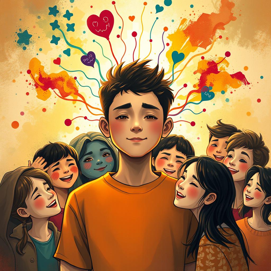 An evocative artwork illustrating 'warisan emosi', depicting a young man who initially appears blank and emotionless, yet embarks on a transformative journey to gain emotions from his friends