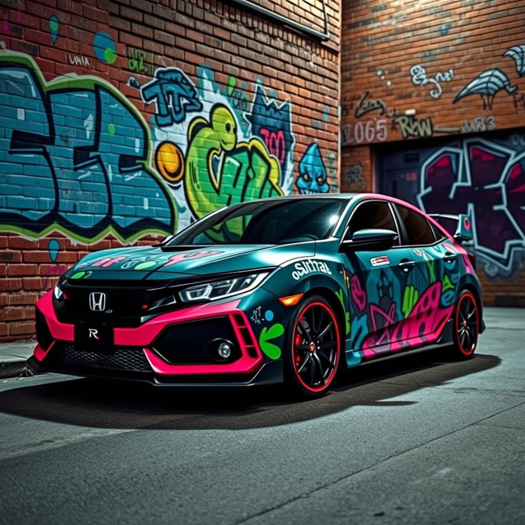 A stunning Honda Civic Type R painted with vibrant, detailed underground graffiti art