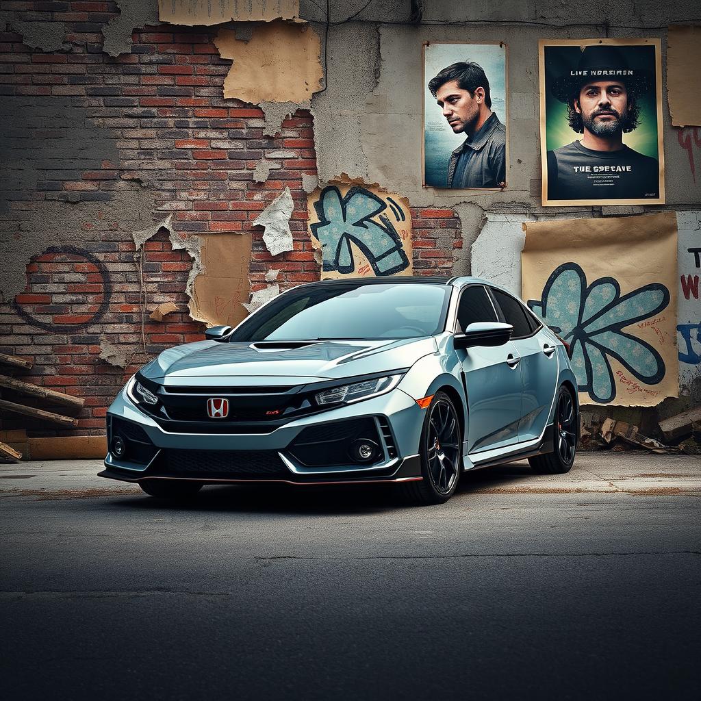 A striking Honda Civic Type R set against a backdrop of torn and distressed textures, featuring a mix of weathered walls and faded posters that evoke a sense of urban decay