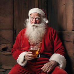 Santa Claus looking rough and grizzled after a 24-hour shift, unwinding while sitting in a disheveled state, his red suit worn-out, loosely grasping a whiskey glass, his beard unkempt and face weathered.