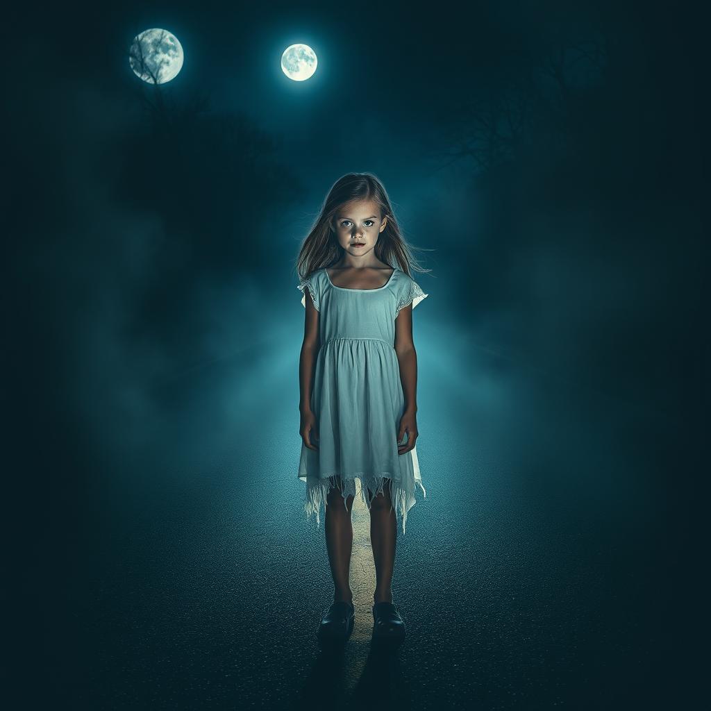 A haunting scene of a girl standing alone on a deserted road at night, surrounded by dense mist and shadows, with eerie moonlight casting an otherworldly glow