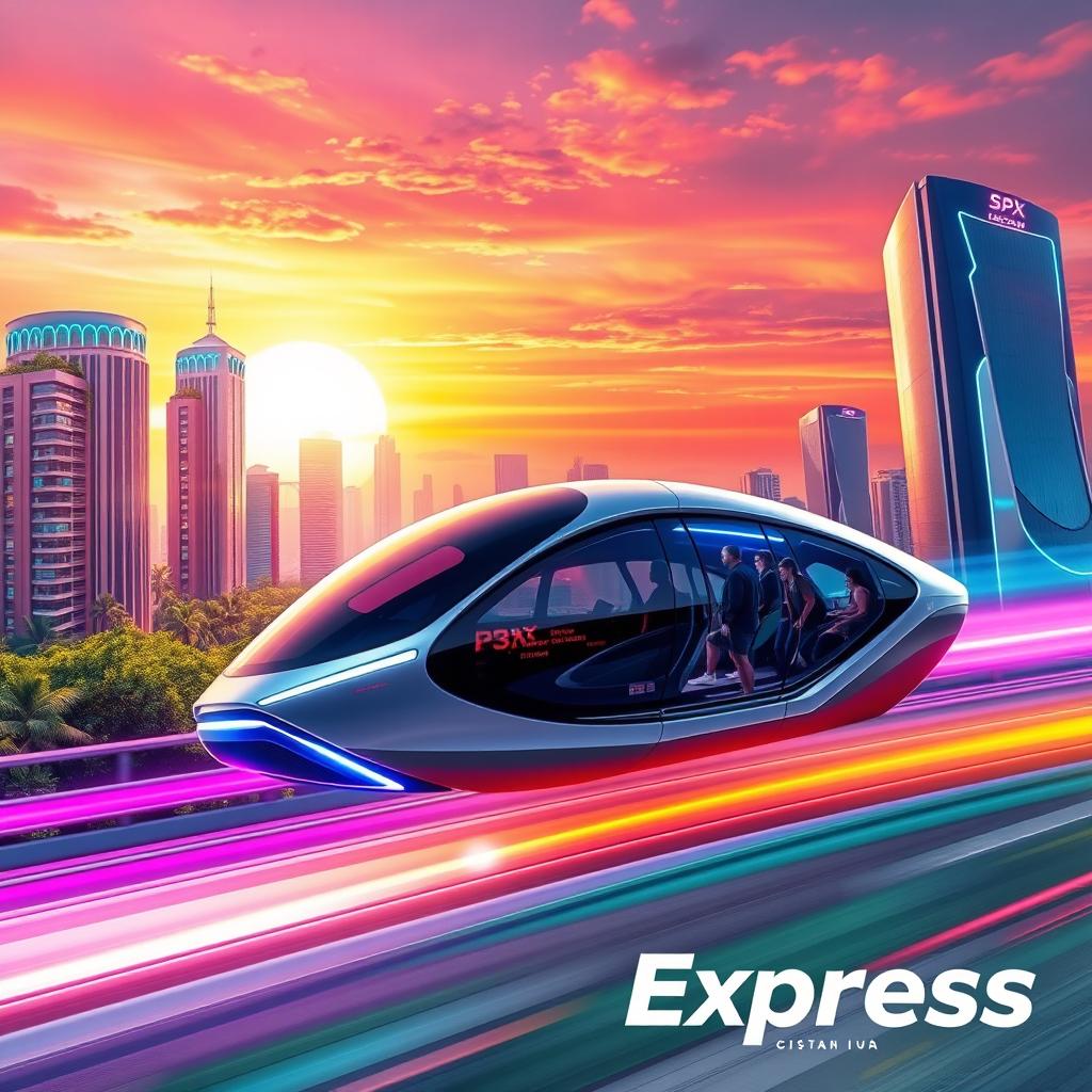 A vibrant and dynamic design showcasing a futuristic transportation concept called 'Poto Spx Express'