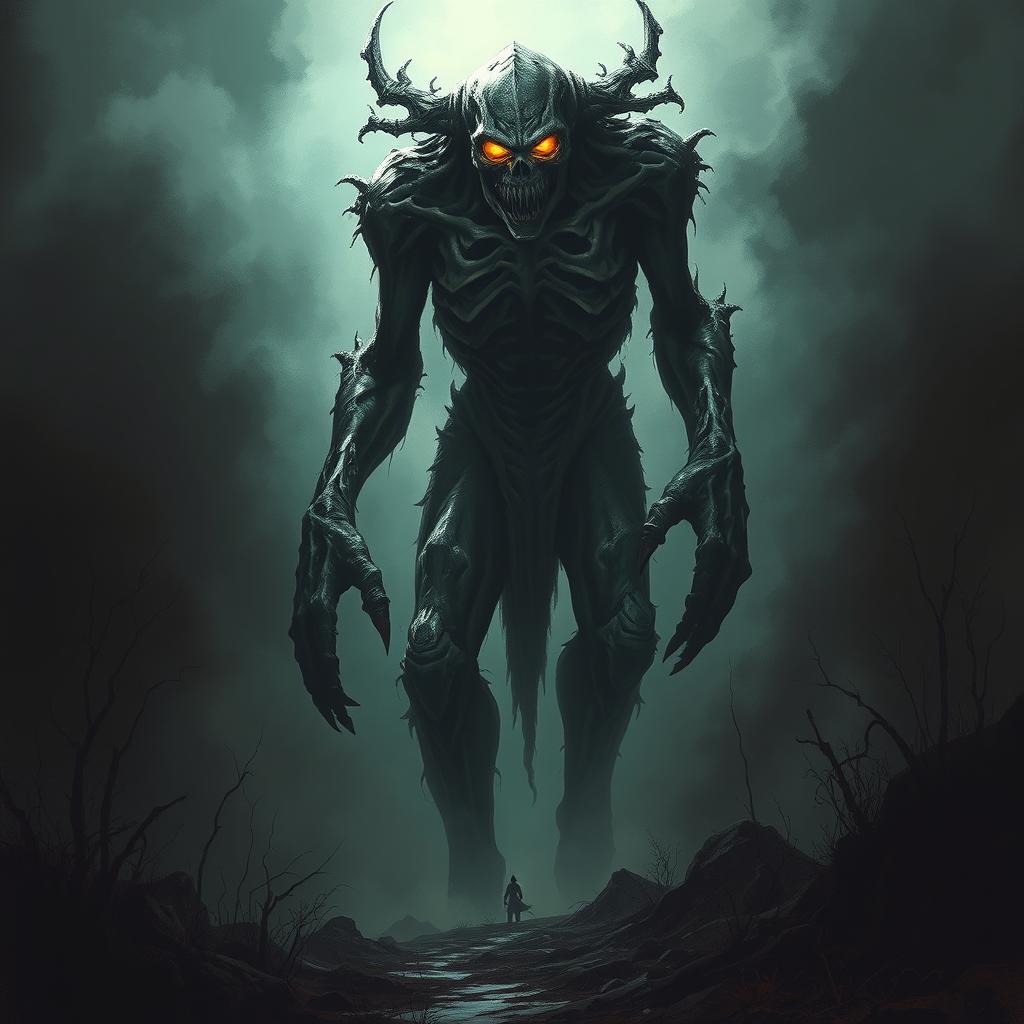 A tall, imposing creature in a dark fantasy style, featuring undead elements