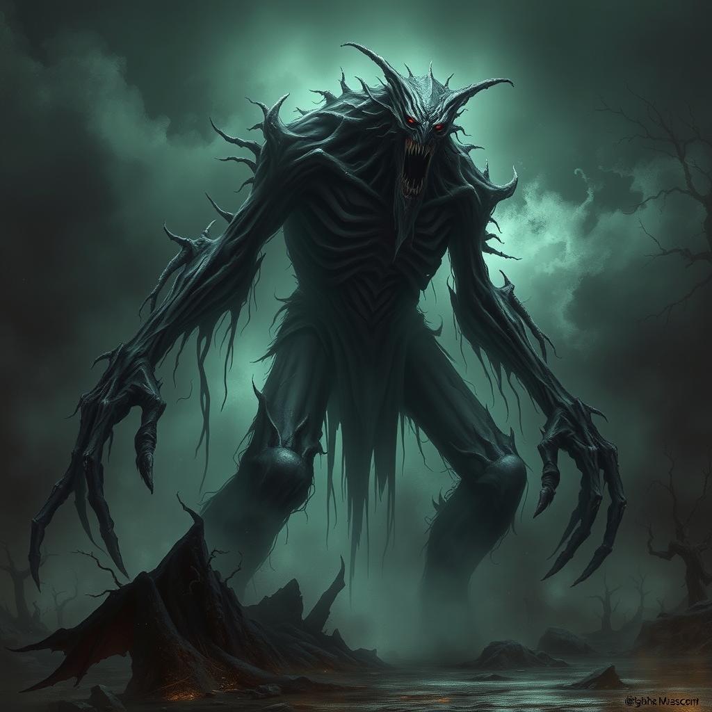 A tall, terrifying creature in a dark fantasy style, embodying undead characteristics