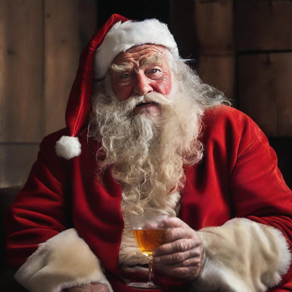 Santa Claus looking rough and grizzled after a 24-hour shift, unwinding while sitting in a disheveled state, his red suit worn-out, loosely grasping a whiskey glass, his beard unkempt and face weathered.