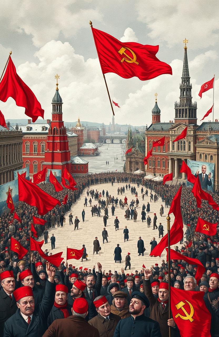 A detailed historical illustration depicting the Russian Revolutions and the Soviet Union (USSR)
