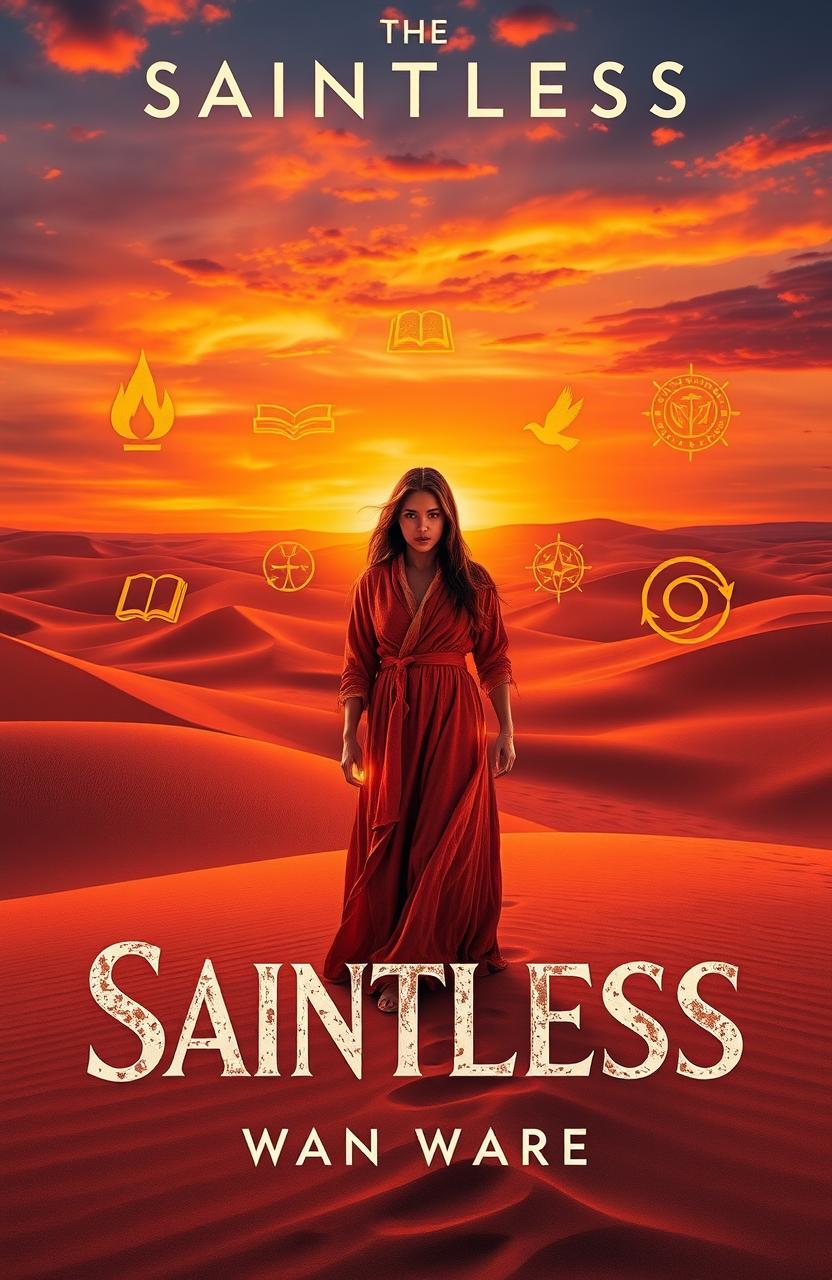 A vivid cover for 'Saintless' set in a sunset-lit desert featuring rolling sand dunes glowing in fiery oranges, reds, and purples