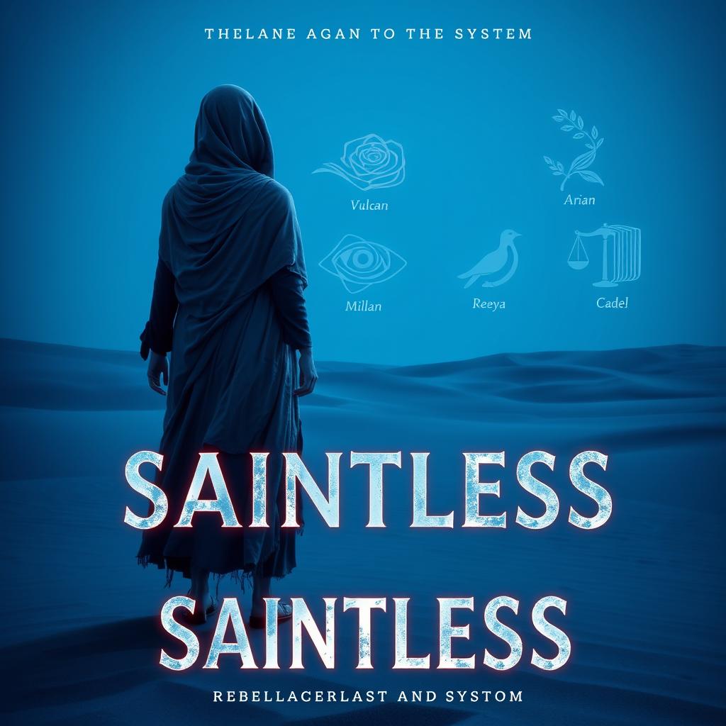 A book cover design for 'Saintless', featuring a vast blue desert setting