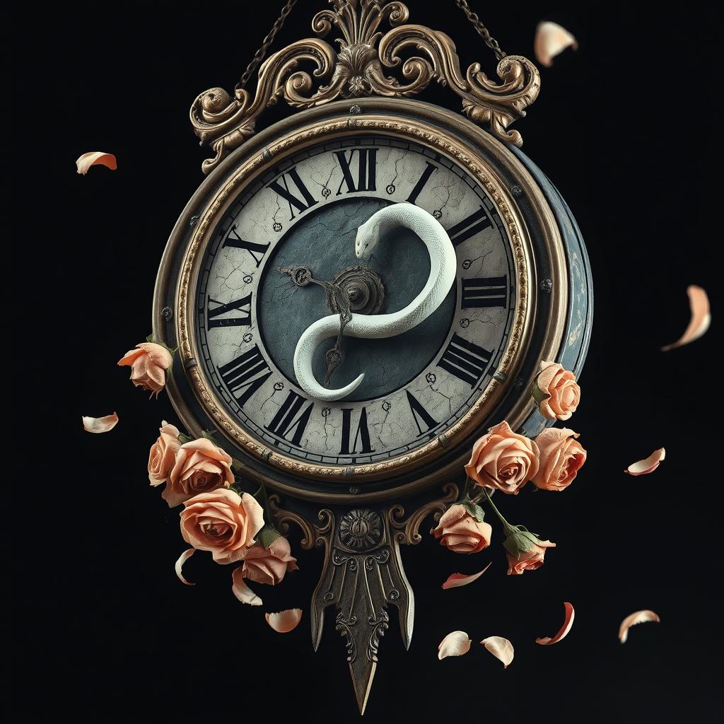 In a dark and gloomy atmosphere, a magnificent yet dilapidated antique clock hangs prominently