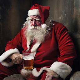 Santa Claus looking rough and grizzled after a 24-hour shift, unwinding while sitting in a disheveled state, his red suit worn-out, loosely grasping a whiskey glass, his beard unkempt and face weathered.