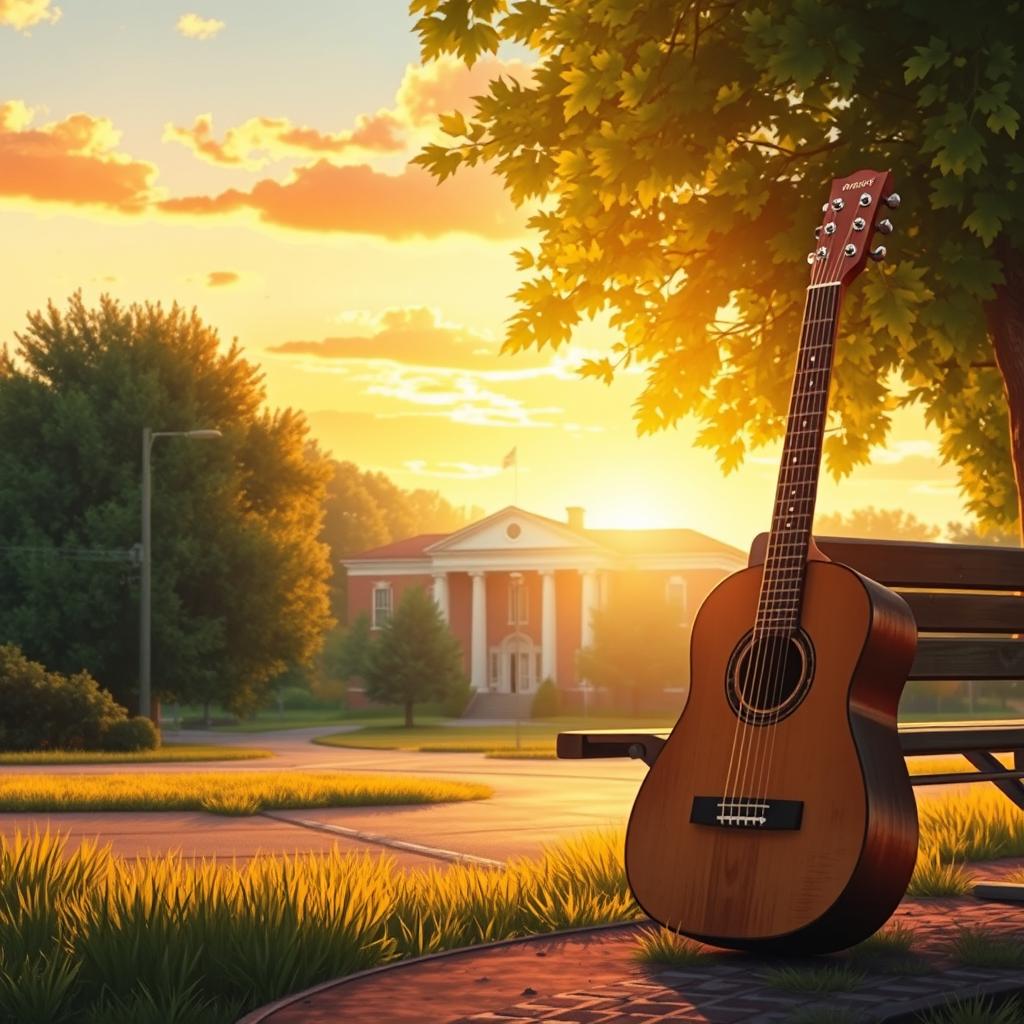A serene background for a book cover illustration, featuring a warm, golden sunset sky casting a soft glow over a crossroads