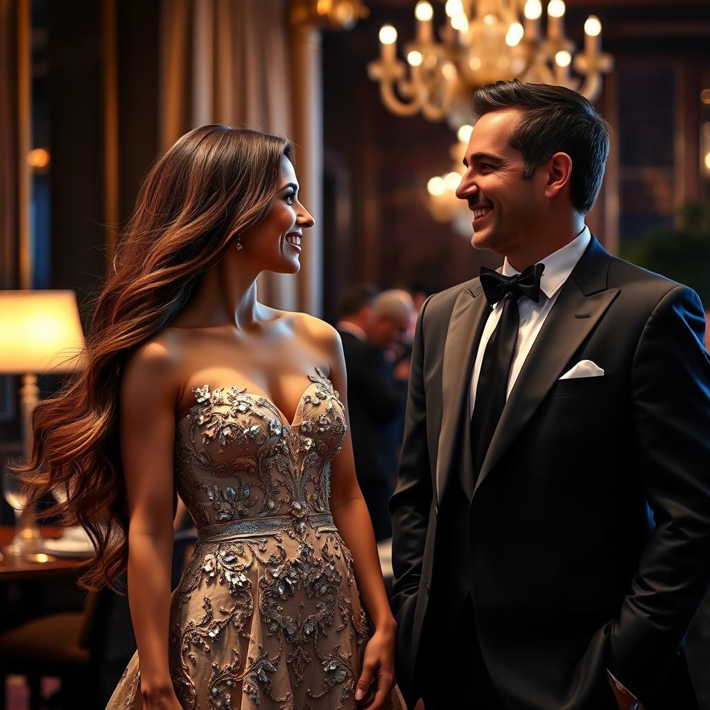A beautifully elegant woman with long flowing hair, wearing an exquisite evening gown, engaged in a sophisticated conversation with a stylishly dressed elegant man in a tailored suit