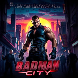 A dynamic movie poster for 'Badman City', featuring a gritty urban landscape at night