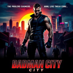 A dynamic movie poster for 'Badman City', featuring a gritty urban landscape at night