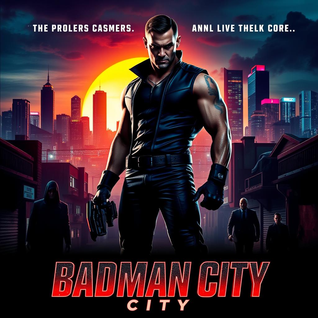 A dynamic movie poster for 'Badman City', featuring a gritty urban landscape at night