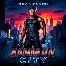 A dynamic movie poster for 'Badman City', featuring a gritty urban landscape at night
