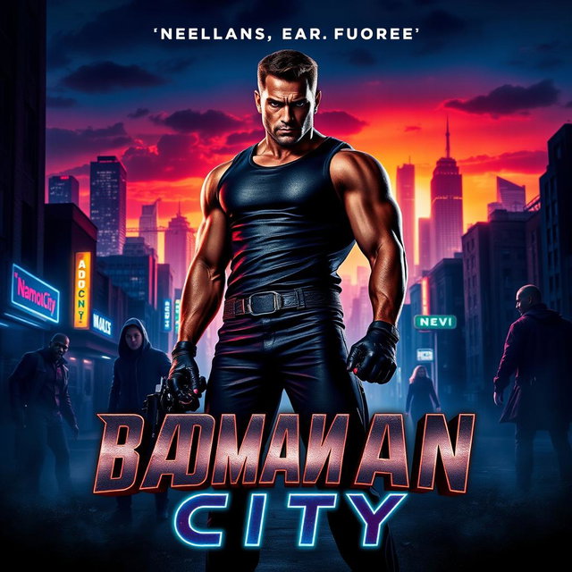 A dynamic movie poster for 'Badman City', featuring a gritty urban landscape at night