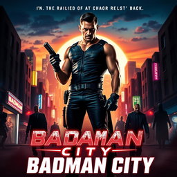 A dynamic movie poster for 'Badman City', featuring a gritty urban landscape at night