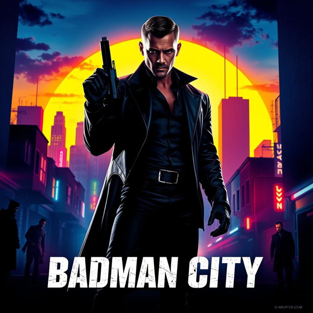 A striking movie poster for 'Badman City', showcasing a gritty urban landscape at night