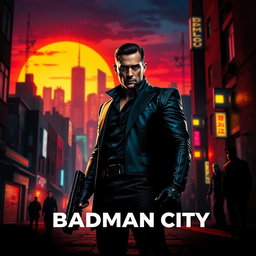 A striking movie poster for 'Badman City', showcasing a gritty urban landscape at night