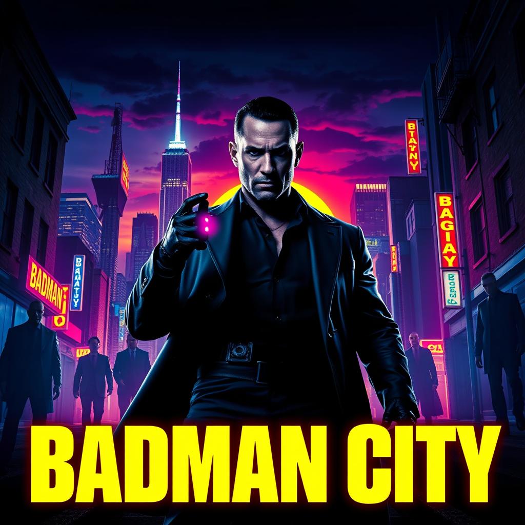 A striking movie poster for 'Badman City', showcasing a gritty urban landscape at night