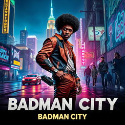 A captivating movie poster for 'Badman City', depicting a vibrant urban landscape at night with an Afro-centric theme
