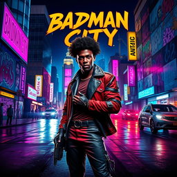 A captivating movie poster for 'Badman City', depicting a vibrant urban landscape at night with an Afro-centric theme