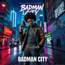 A captivating movie poster for 'Badman City', depicting a vibrant urban landscape at night with an Afro-centric theme