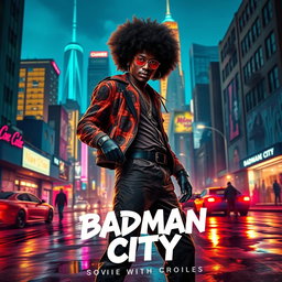 A captivating movie poster for 'Badman City', depicting a vibrant urban landscape at night with an Afro-centric theme