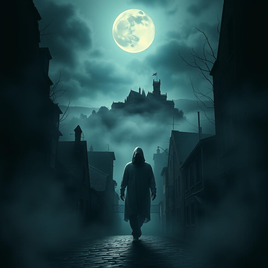 An eerie movie poster for 'Haunted City', capturing a chilling urban landscape shrouded in mist and darkness