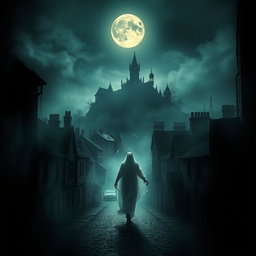 An eerie movie poster for 'Haunted City', capturing a chilling urban landscape shrouded in mist and darkness