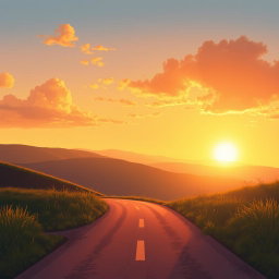 A serene background for a book cover illustration, featuring a warm, golden sunset sky casting a soft glow over a peaceful crossroads