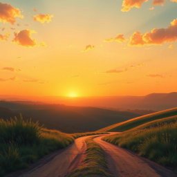 A serene background for a book cover illustration, featuring a warm, golden sunset sky casting a soft glow over a peaceful crossroads