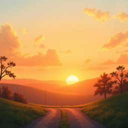 A serene background for a book cover illustration, featuring a warm, golden sunset sky casting a soft glow over a peaceful crossroads