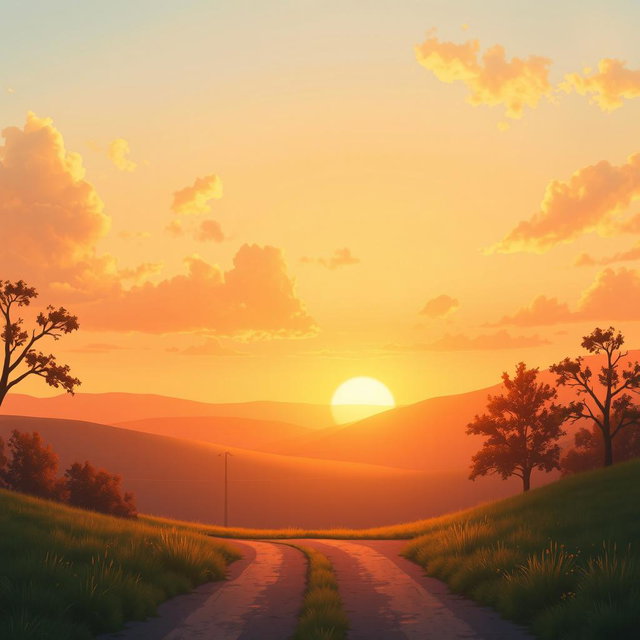 A serene background for a book cover illustration, featuring a warm, golden sunset sky casting a soft glow over a peaceful crossroads
