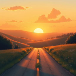 A serene background for a book cover illustration, featuring a warm, golden sunset sky casting a soft glow over a peaceful crossroads
