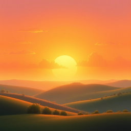 A serene background for a book cover illustration, featuring a warm, golden sunset sky casting a soft glow over a peaceful landscape